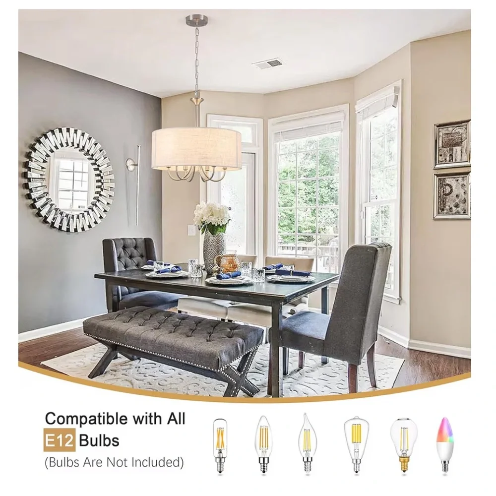 NIB Drum Chandeliers 6-Light Modern Linen Pendant Light, Brushed Nickel Fixture